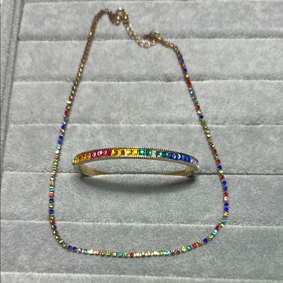 Colorful Gemstone Gold Tone Jewelry Set Necklace & Bracelet Set Matching Pair - Picture 1 of 11